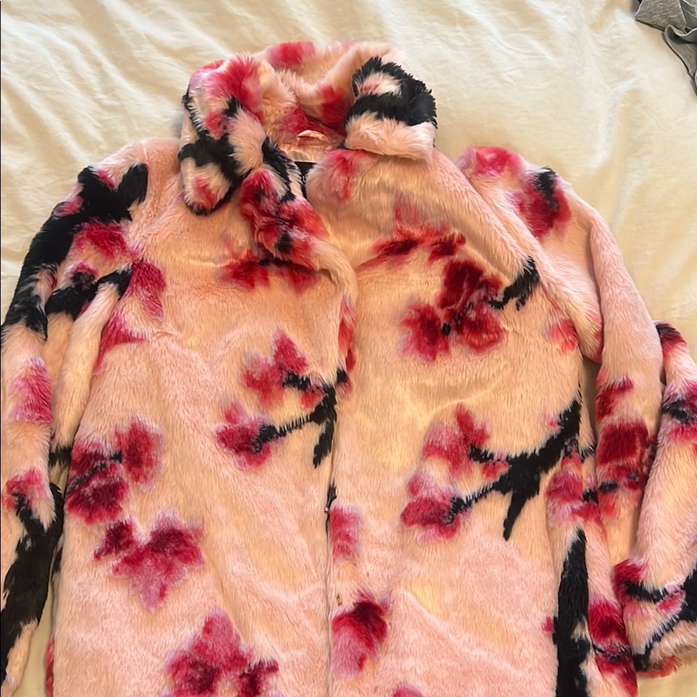 Guess Pink and Black Teddy Jacket with Floral cherry blossom Accents